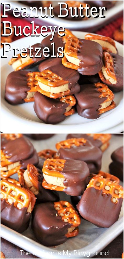 Pile of Peanut Butter Buckeye Pretzels made with square waffle pretzel snaps Buckeye Pretzels, Pretzel Twist, Peanut Butter Buckeyes, Peanut Butter Snacks, Peanut Butter Pretzel, Christmas Gifting, Christmas Food Gifts, Candy Recipes Homemade, Christmas Candy Recipes