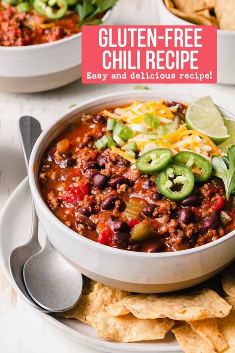 Gf Chili Recipe, Easy Gluten Free Chili Recipe, Dairy Free Chili, Gluten Free Chili Recipe, Goto Recipe, Healthy Chili Recipe, Gf Dinners, Chili Healthy, Recipe With Beef