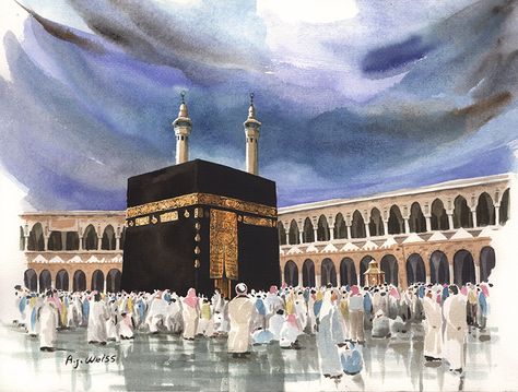 Mecca Watercolor Painting, Makkah Watercolor Painting, Khana Kaaba Painting, Kaba Painting On Canvas, Khana Kaba Painting On Canvas, Khana Kaba Painting, Kaba Drawing, Kaba Art, Makkah Art