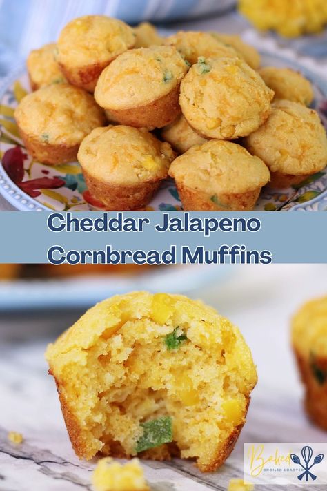 These Cheddar Jalapeno Cornbread Muffins are tender little savory and spicy bite sized nuggets of southern goodness. A perfect addition to chili and soups. via @Baked Broiled and Basted Cheddar Jalapeno Cornbread, Cheddar Cornbread Muffins, Jalapeno Cheddar Cornbread Muffins, Cornbread Muffins Recipe, Salad Recipe Ideas, Jalapeno Cheddar Cornbread, Crisp Salad, Cheddar Cornbread, Jalapeño Cornbread