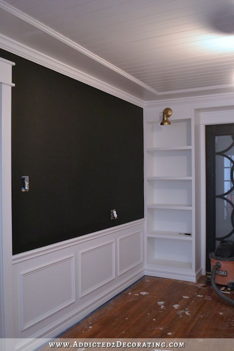 Look at idea of painting bottom edge of molding (with wall color) to get clean transition! White Wainscotting, Neutral Wall Colors, White Wainscoting, Painting Room, Library Inspiration, Wainscoting Panels, Black Painting, Design Palette, Black Room