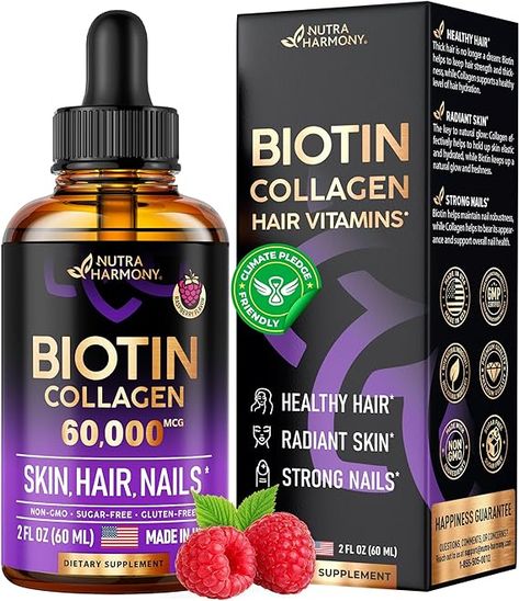 Amazon.com: Liquid Biotin & Collagen - Vitamins for Hair Growth Support for Women & Men - Extra Strength 60000 mcg Drops - B7 Supplement - Strong Nails & Healthy Skin - 98% Faster Absorption Than Pills : Health & Household Collagen Vitamins, Benefits Of Biotin Supplements, Biotin Vitamin B7 Walgreens, Best Women’s Vitamins, Women’s Supplements, Biotin Collagen Shampoo, Biotin Supplement, Vitamins For Hair, Good Vitamins For Women