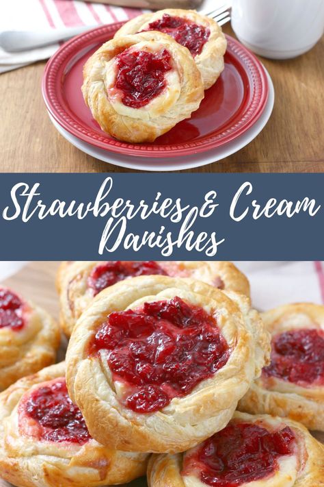 Puff Pastry Stuffing Ideas, Strawberry Filled Croissants, Puff Pastry Danishes, Strawberry Jam Pastry, Fruit Filled Pastries, Strawberry Cheesecake Puff Pastry, Strawberry Cheese Danish Recipe, Strawberry Pastry Recipes, Cream And Berry Filled Pastry Balls