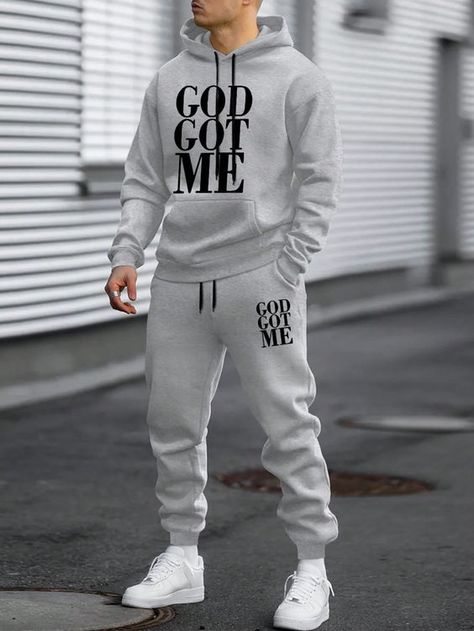 Light Grey Casual Collar Slogan Embellished Slight Stretch Men Clothing God Got Me, Men Clothing, Length Sleeve, Sweatpants, Collar, Grey, Tracksuit Bottoms