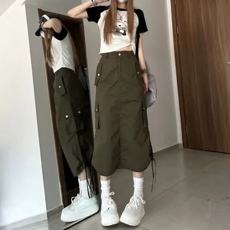 Y2K Drawstring Parachute Skirts Women High Street Side Split Cargo Long  New Female Casual Multiple Cargo Long Skirt, Utility Skirt, Skirts Women, Split Skirt, Workwear Fashion, Cargo Skirt, Mid Length Skirts, Casual Skirts, Style Streetwear