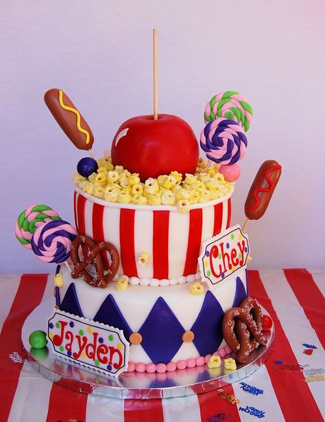 I made this cake for my twin daughters that turned 6 yrs old. They had a carnival themed birthday party. I found several different cakes online that I got inspiration from to come up with my cake...thank you! Everything was made out of fondant. It was such a fun cake to make. Thank you for looking! Carnival Birthday Cakes, Circus Cakes, Carnival Cakes, Twin Birthday Cakes, 8th Birthday Cake, Carnival Birthday Party Theme, Cakes To Make, Carnival Themed Party, Circus Birthday Party