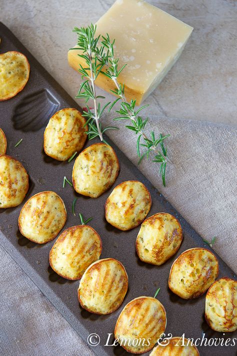 Savory Parmesan-Herb Madeleines | Lemons + Anchovies Madeleine Recipe, Savoury Baking, Snacks Für Party, Tea Cakes, Finger Food, Appetizer Snacks, Savoury Food, Finger Foods, Parmesan