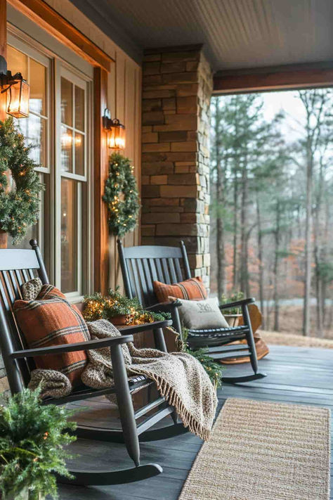 39 Winter Front Porch Decor Ideas: Inviting, Pretty Entrances Fall Winter Front Porch Decor, Fall Southern Porch, Front Porch Set Up, Small Cabin Porch Ideas, Log Home Porch Decor, Brown House Porch Ideas, Winter Small Porch Decor, Mountain House Porch, Small Side Porch Decorating Ideas