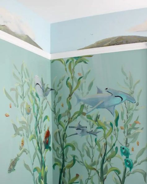 Wall Murals Painted Bedrooms, Shark Mural, Underwater Mural, Underwater Bedroom, Bedrooms Inspiration, Sea Murals, Mermaid Kids, Forest Mural, Kids Room Murals