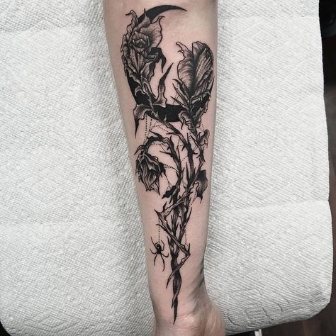 Black Nature Tattoos, Goth Botanical Tattoo, Dark Forearm Cover Up Tattoos For Women, Dark Spooky Tattoos, Gothic Mushroom Tattoo, Goth Floral Tattoo, Creepy Floral Tattoo, Dark Floral Tattoo Sleeve, Gothic Shoulder Tattoo