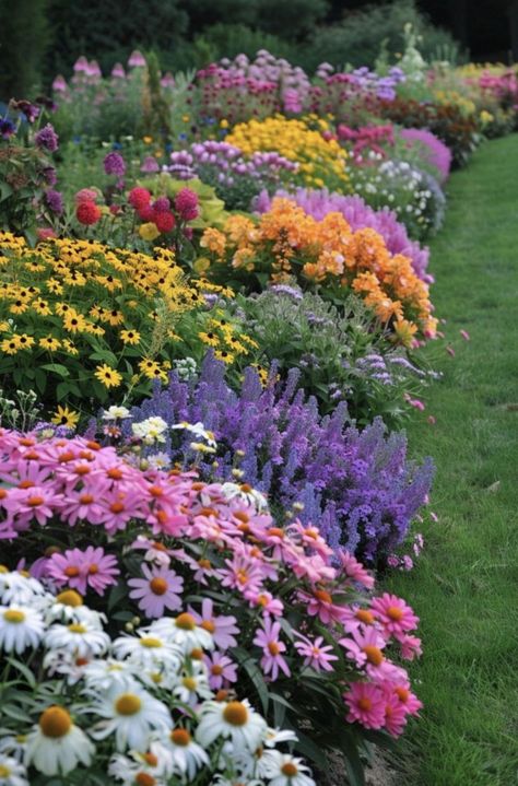 Bright Flower Garden, Backyard Landscaping Wildflowers, Landscaping Along Front Of House, Natural Flower Garden, Mixed Flower Garden, Beautiful Yards Landscaping, Smooth Hydrangea Landscaping, Flowers That Go Together, Wild Flower Flower Beds