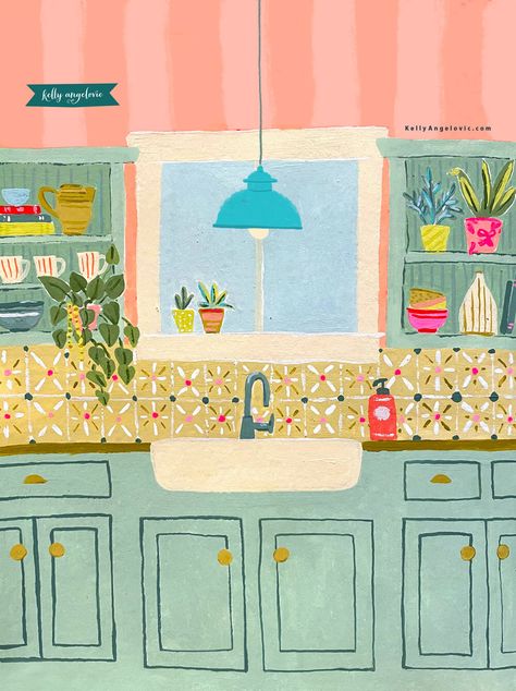 Mint Green Cabinets, Peaceful Kitchen, Kitchen View, Kitchen Goals, Kitchen Drawing, Illustration Editorial, Green Cabinets, Interior Illustration, Pink Walls