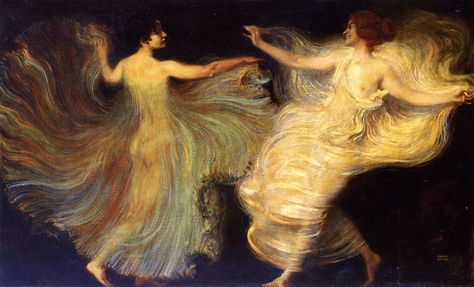 Franz Stuck (German Art Nouveau and Symbolist artist, 1863–1928) Dancers, 1896. Oil on canvas, 20.67 x 34.25 in (52.5 x 87 cm). Private collection. Franz Stuck, Franz Von Stuck, Istoria Artei, Wow Art, Classical Art, Ethereal Art, Old Art, Ancient Greece, Ancient Art