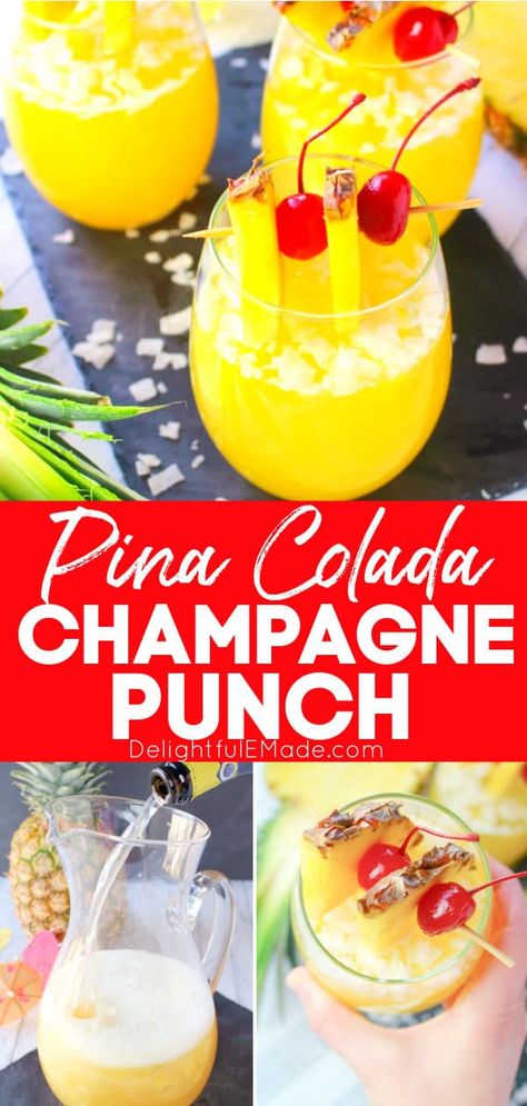 Blended Drink Recipes, Pina Colada Punch, Champagne Punch Recipes, Pina Colada Mocktail, Hawaiian Ham, Ham Pineapple, Champagne Recipe, Champagne Punch, Pina Colada Recipe