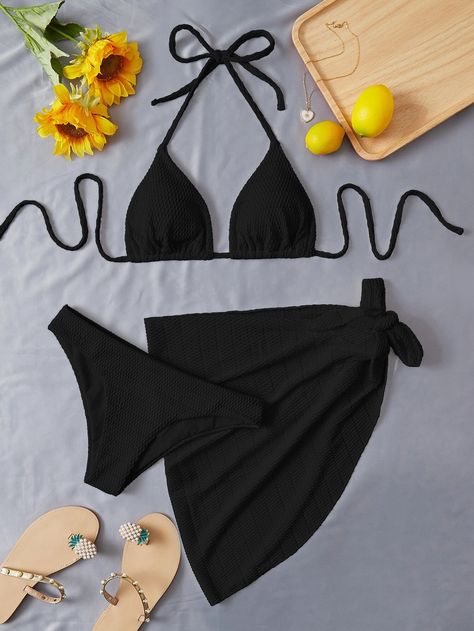 Black Bikinis For Women, Triangle Bikinis, Moroccan Clothing, Swimming Beach, Online Lingerie, Black Plain, Cute Bathing Suits, Beach Skirt, Swimwear Sets