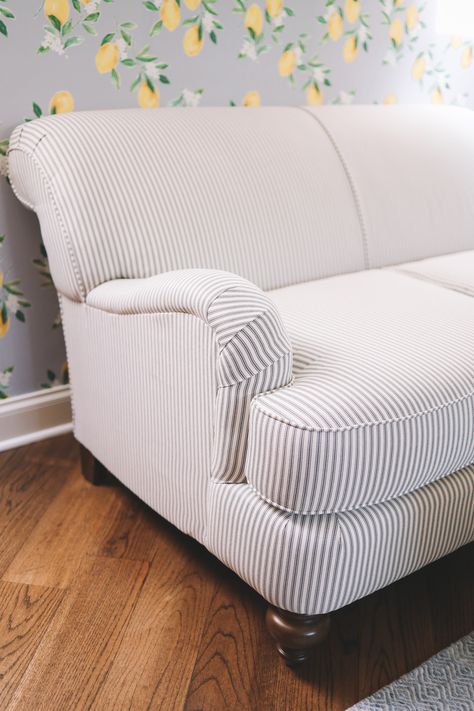 Blue Stripe Sofa, Blue And White Striped Couch, Two Loveseats Living Room, Striped Sofa Living Rooms, Striped Couch Living Room, Pillows On Loveseat, Loveseat In Kitchen, Pinstripe Couch, Striped Loveseat