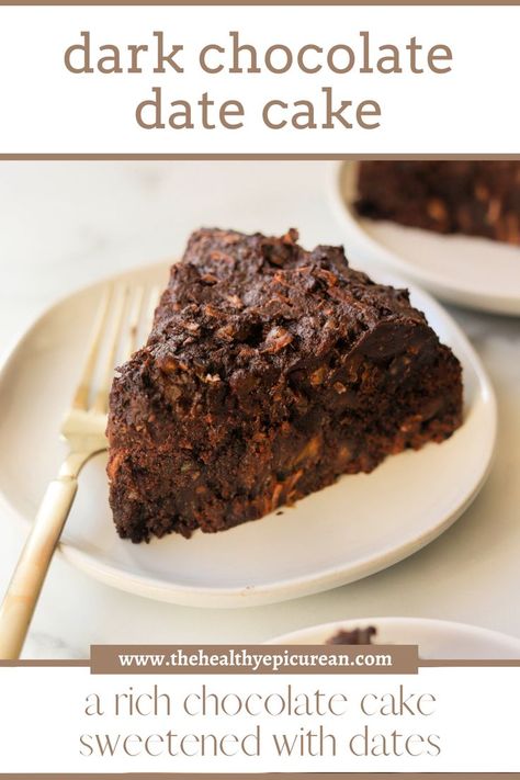 A side shot of a slice of dark chocolate date cake. Chocolate Date Cake, Dates Chocolate, Date And Walnut Cake, Chopped Dates, Healthy Chocolate Cake, Date Cake, Rich Chocolate Cake, Small Food Processor, Cake Cover