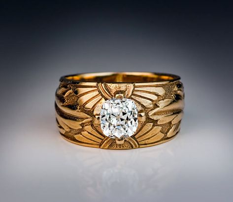 1.10 Ct Diamond Chased Gold Russian Unisex Ring 1910s - Antique Jewelry | Vintage Rings | Faberge EggsAntique Jewelry | Vintage Rings | Faberge Eggs Antique Cushion Cut Diamond, Bijoux Art Nouveau, Men Rings, Diamond Solitaire Ring, Ring Trends, Antique Diamond, Unisex Ring, Diamond Gold, Diamond Solitaire Rings