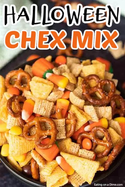 These DIY Halloween Chex Mix is one of my favorite Fall Snacks recipes that is great for kids and for adults! This halloween harvest Chex mix is easy to make and is the perfect combination of sweet and salty with pretzels and candy corn. This is one of the best fall snack ideas! You will love these homemade savory fall Chex mix recipe. #eatingonadime #halloweenrecipes #fallrecipes #snackrecipes Birthday Snacks For School, Halloween Treats For Kids School, Fall Chex Mix Recipes, Halloween Chex Mix Recipes, Halloween Appetizers For Adults, Halloween Food For Adults, Fall Recipes Snacks, Snack Halloween, Fun Halloween Snacks