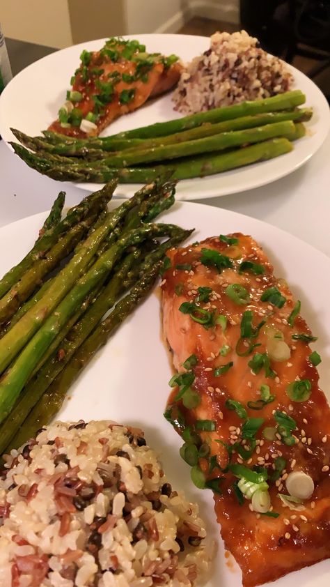 Garlic Butter Asparagus, Butter Asparagus, Salmon Teriyaki, Purple Rice, Salmon And Asparagus, Teriyaki Salmon, Garlic Butter, Dinner Tonight, Food Obsession