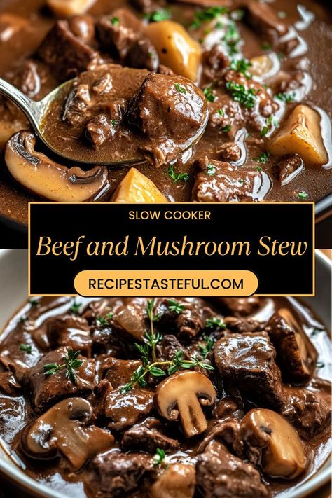 A hearty and comforting stew made with tender beef, mushrooms, and rich flavors, perfect for cozy dinners. This slow cooker recipe allows the flavors to meld beautifully while you go about your day. Crock Pot Stew Meat Recipes, Beef And Mushroom Recipe, Beef And Mushroom Stew, Rich Beef Stew, Homemade Beef Stew Recipes, Beef Stew Meat Recipes, Crockpot Recipes Beef Stew, Mushroom Stew, Crockpot Stew