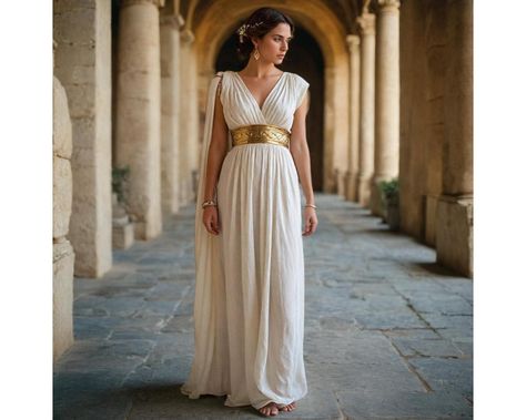 Renaissance Goddess Toga, Ancient Greek Women Costume, Medieval Halloween Greek Costume - Etsy Australia Gold Greek Dress, Roman Inspired Fashion, Roman Dress Goddesses, Greek Dress Goddesses, Athena Goddess Costume, Roman Attire, Roman Outfit, Ancient Greek Fashion, Roman Goddess Costume