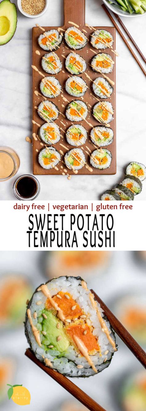 Sweet Potato Sushi, Vegetarian Sushi Recipes, Sweet Potato Tempura, Vegetarian Sushi Rolls, Sweet Potato Vegetarian, Tempura Sushi, Gluten Free Meal Prep, Healthy Sushi, Sushi Recipes Homemade