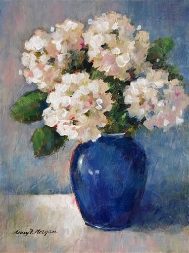 Flowers In Vase Painting, Hydrangeas Art, Hydrangea Painting, Acrylic Painting Flowers, Vase Art, Tableau Art, Daily Painting, Blue Vase, Flower Art Painting