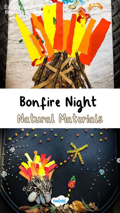 Celebrate bonfire night with eyfs children using these great ideas as inspiration. Create a bonfire night tuff tray using natural materials or a bonfire night craft with sticks. Click on the pin for more bonfire night activities. Craft With Sticks, Bonfire Crafts For Kids, Fireworks Activities, Fireworks For Kids, Burns Night Crafts, Bonfire Night Guy Fawkes, Bonfire Night Activities, Bonfire Night Crafts, Fireworks Craft For Kids