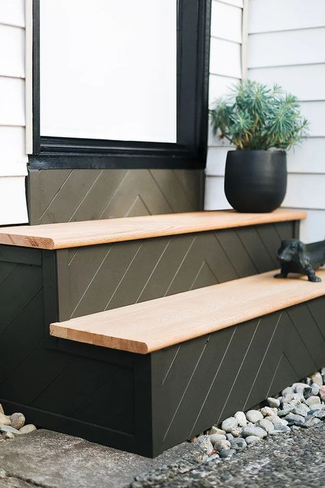 Herringbone Stairs, Modern Farmhouse Outdoor, Modern Shiplap, Sconces Living Room, Farmhouse Outdoor, Outdoor Stairs, Stair Risers, Mini Makeover, Outdoor Sconces