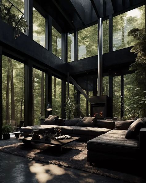 Dream House in the Woods 💚 Which room is your favorite? ◾Get inspired more by @idreamhouse ᅠ ᅠ ᅠ By… | Instagram Dark House Interior Design, Dark House Interior, Black Modern House, Dark Modern House, Dream House In The Woods, Black Houses, Dark Modern, Dark Living Rooms, Dark House