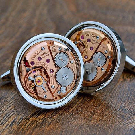 Omega Watch Movement Cufflinks 185 from @clarkecufflinks shipped worldwide. To… Omega Watch Vintage, Designer Cufflinks, Der Gentleman, Diamond Cufflink, Watch Cufflinks, Copper Anniversary Gifts, Engraved Cufflinks, Copper Anniversary, Watch Gift