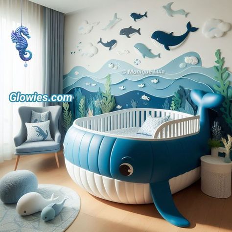 Baby Room Ocean Theme, Ocean Nursery Furniture, Deep Sea Nursery Ideas, Ocean Nursery Baby Boy Wallpaper, Sea Nursery Theme, Ocean Themed Nursery Cribs & Toddler Beds, Sea Nursery, Colorful Kids Room, Baby Room Themes