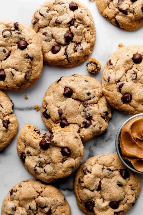 Fan-Favorite Peanut Butter Chocolate Chip Cookies - Sally's Baking Addiction Basic Chocolate Chip Cookies, Sallys Baking, Classic Peanut Butter Cookies, Frozen Cookie Dough, Sally's Baking, Peanut Butter Chocolate Chip Cookies, Frozen Cookies, Favorite Cookie Recipe, Chocolate Peanut Butter Cookies