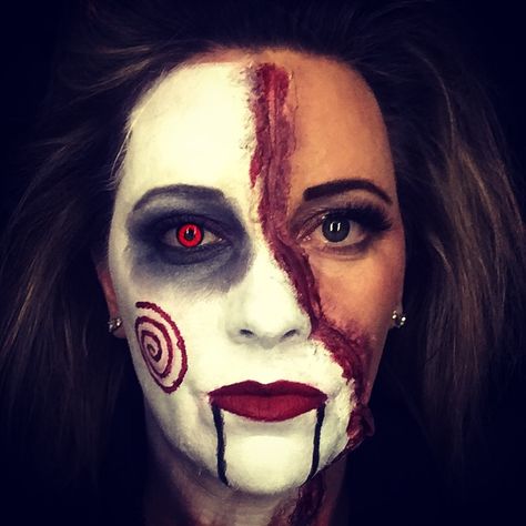 Saw Halloween Makeup, Jigsaw Face Paint, Jig Saw Halloween Costume, Jig Saw Costume, Jigsaw Halloween Makeup, Jigsaw Makeup Halloween, Saw Makeup Jigsaw, Diy Jigsaw Makeup, Jig Saw Makeup Halloween