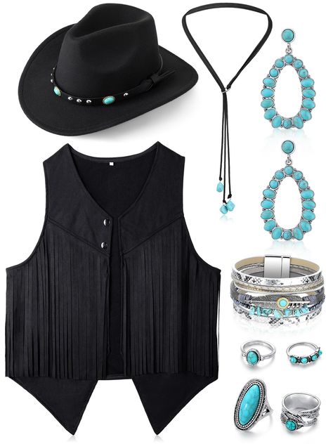 PRICES MAY VARY. Western Cowgirl Costume: this woman cowgirl outfit includes 1 tasseled sleeveless vest, 1 cowgirl hat, 1 turquoise necklace, 1 bracelet, 1 pair of earrings and 4 turquoise rings, western style combination enough to meet your decoration needs Fringe Suede Vest: the fringe outfit for women is mainly made of artificial suede fabric, soft and breathable, classic, easy to match western pattern T-shirt, to create a casual style; The vest is available in different sizes, including larg Cowgirl Black Dress, Womens Western Fashion Country, Cowboy Look For Women, Elegant Cowgirl Outfit, Western Costume Women, 90s Country Fashion Women, Cute Cowgirl Outfits Party, Western Outfits Black Women, Curvy Western Outfits