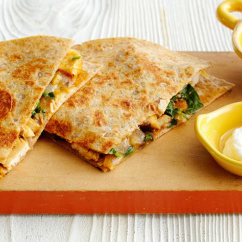 Easy Chicken-Mushroom Quesadillas by Ellie Krieger Mushroom Quesadilla, Chicken Spinach Mushroom, Mushroom Quesadillas, Quesadilla Recipes Easy, Ellie Krieger, Spinach Mushroom, Chicken Mushroom, Mushroom Soup Recipes, Chicken Spinach