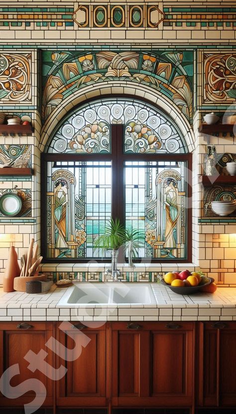 Art Deco looking Mediterranean Kitchen Art Nouveau Decor Interior Design, Mediterranean House Kitchen, Art Deco Kitchens, Art Nouveau Kitchen Design, Mediterranean House Interior Design, Art Deco Kitchen Ideas, Art Nouveau Kitchen, Stained Glass Kitchen, Kitchen Art Deco