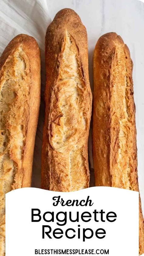 This simple baguette recipe make 3 baguettes that are crispy on the outside, perfectly chewy on the inside, and full of complex flavor. Homemade Baguette Recipe, Homemade Baguette, French Breads, French Baguette Recipe, Bread Gifts, Kitchen Secrets, Baguette Recipe, Baguette Bread, Baking Projects