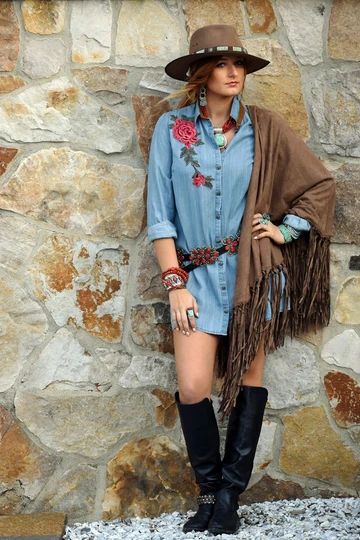 Tasha Polizzi high-end women's western wear available at The Ranch House. Choose from quality tops, tunics, vests, leggings, skirts, and more. Western Cowgirl Outfits, Rosa Dress, Tasha Polizzi, Boho Denim, Western Wear For Women, Cowgirl Outfits, Western Boho, Made Clothing, Cowgirl Style