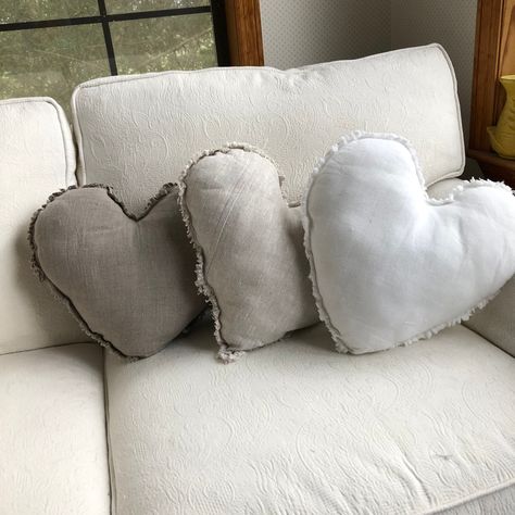 "Frayed edge Heart Pillow in Linen - neutral Valentine's Day decor - sold separately or in a set - pillows are filled with polyester fiberfill and are approximately 16\" x 16\" PLEASE ADD MY SHOP AS A ♥FAVORITE♥ SO YOU CAN FIND ME AGAIN. Please visit my shop at https://www.etsy.com/shop/misshettie" Neutral Valentines Day Decor, Painters Cloth, Pillows Neutral, Primitive Valentine Decor, French Country Pillows, Primitive Fall Decor, Burlap Tablecloth, Heart Pillows, Grain Sack Pillows