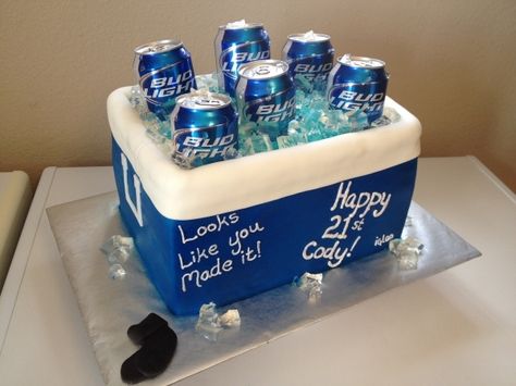 Ok so this is going to be Jeff's grooms cake but with Memphis logo on front of cooler! AWESOME! Birthday Cake Beer, 21st Birthday Cake For Guys, Birthday Beer Cake, Guys 21st Birthday, 21st Cake, Beer Cake, 21st Birthday Cakes, Cereal Treats, Buttercream Filling