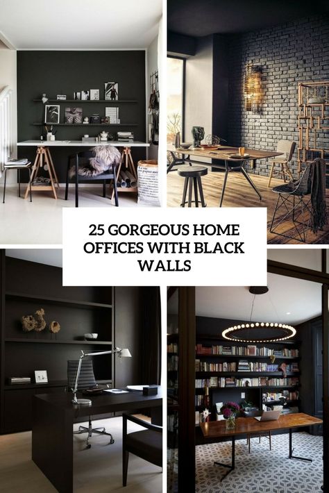 gorgeous home offices with black walls cover Black Office Walls Modern, Black Decor Office, Home Office Ideas Black And White, Black Walls Office Design, Black Office Furniture Decor, Black Wallpaper Office, Black Office Wall Decor, Black Feature Wall Office, All Black Home Office