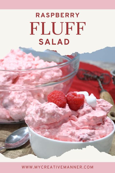 Raspberry fluff salad ia an easy recipe to make using only 5 ingredients.Whipped topping brings the fluffy base to this salad. While raspberry jello and fresh raspberries add that raspberry flavor. Mini marshmallows and cottage cheese add texture to this amazing fruit salad recipe. Raspberry Cheesecake Fluff, Cheesecake Fluff Salad, Raspberry Fluff, Ww Treats, Raspberry Jello Salad, Raspberry Fool, Toffee Cheesecake, Cheesecake Fluff, Chess Cake