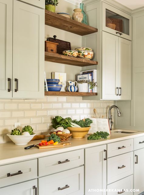 At Home in Arkansas | May 2015 | Heirloom Revival Floating Shelves Between Cabinets, Shelves Between Cabinets, Countertop Concrete, Wooden Kitchen Cabinets, Shelves Ideas, House Of Turquoise, Table Wall, Wood Kitchen Cabinets, Rustic Kitchen Decor