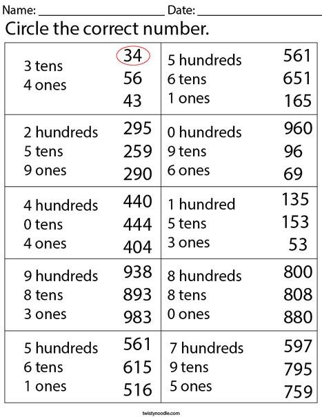 Place Value- Circle the Correct Number Math Worksheet - Twisty Noodle Easy Math Worksheets, Mental Maths, Place Value Worksheets, First Grade Math Worksheets, Twisty Noodle, School Journals, 3rd Grade Math Worksheets, Maths Worksheets, Math Sheets