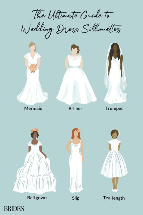 A Guide to Every Wedding Dress Silhouette Wedding Dress For Straight Body Type, Wedding Dress Silhouette Guide, Wedding Dress Styles Guide, Flattering Wedding Dress, Dress For Body Shape, Petite Bride, Dress Body Type, Different Wedding Dresses, Best Wedding Dress