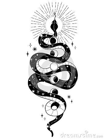 Hecate Snake Tattoo, Snake And Moon Phases Tattoo, Snake With Moon Phases Tattoo, Celestial Snake Tattoo, Hecate Magic, Snack Tattoo, Slytherin Tattoo, Celestial Snake, Wiccan Tattoos