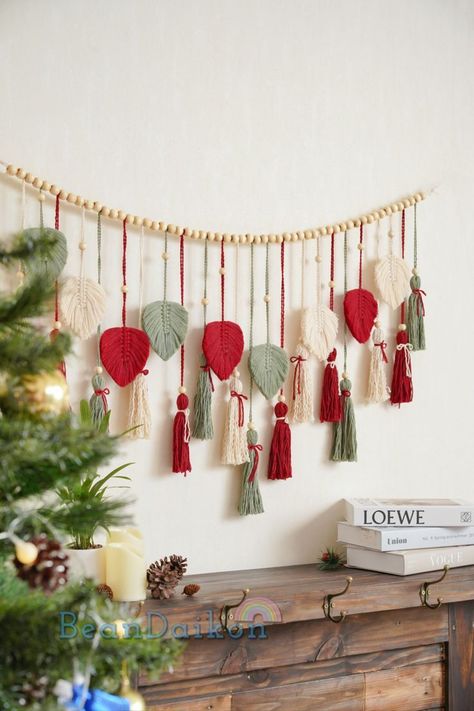 Boho Christmas Decor, Macrame Garland, Modern Wall Art, Modern Holiday Art, Nursery Decor Christmas Macrame Wall Hangings, Macrame Christmas Garland, Macrame Garland, Boho Christmas Decor, Diy Christmas Garland, Bohemian Christmas, Macrame Backdrop, Macrame Christmas, Christmas Bunting