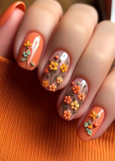 Nail Art Designs Flowers, Orange Nails Ideas, Orange Nail Ideas, Pineapple Nails, Pink Nail Art Designs, Unique Nail Art, Simple Spring Nails, Floral Nail, Vibe Check